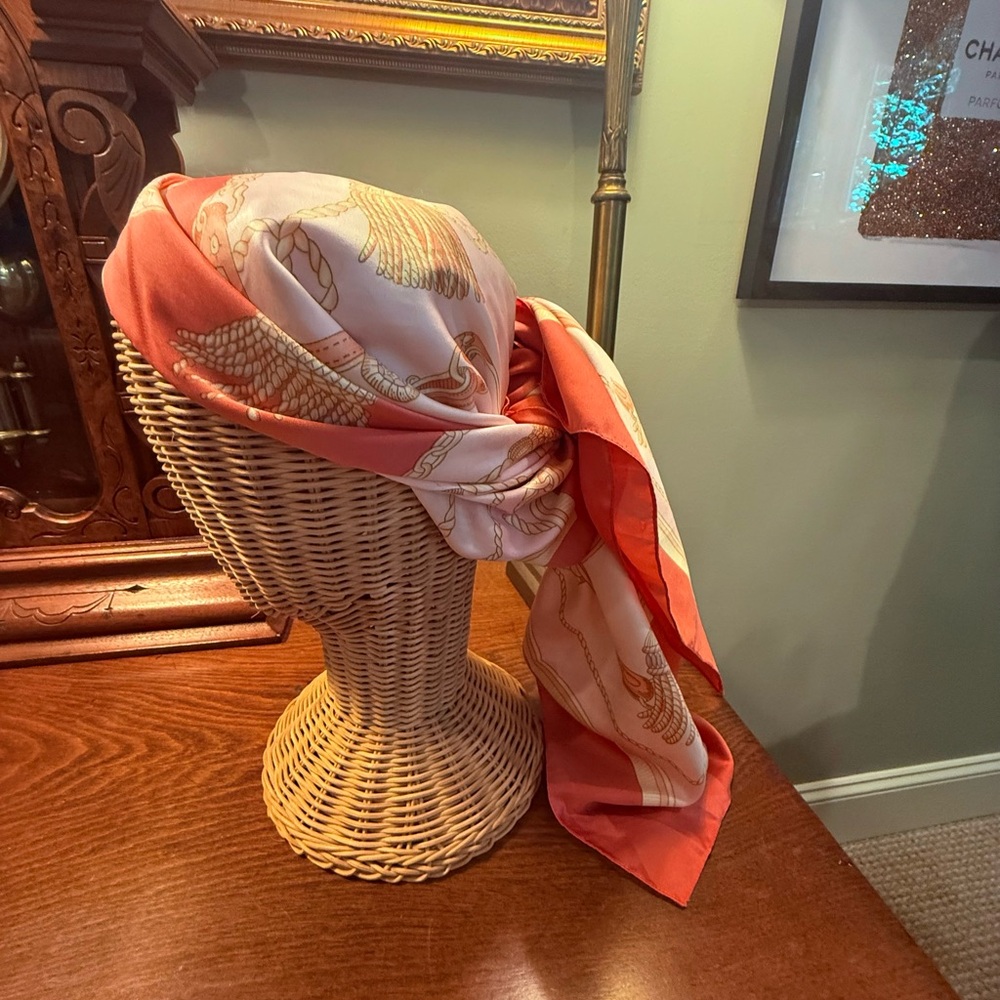 Vintage Pink/Gold Silk Hairbrush and Tassel Print Square Scarf Wrap 34x34” - Picture 8 of 8